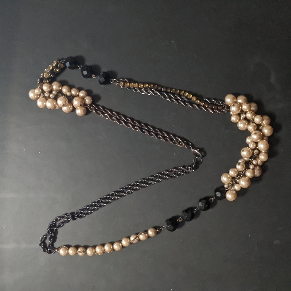 Tan and Black Faux Pearl Rhinestone Chain Long Statement Necklace - Picture 1 of 5